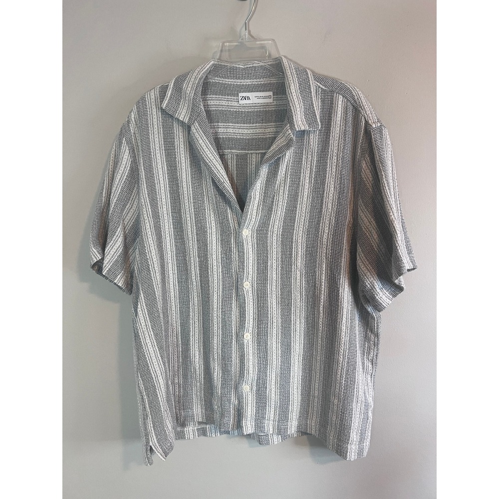 Zara Mens XL Grey White Textured Striped Short Sleeve Button Up Camp Shirt
